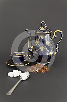 Tea time still life with beautiful cobalt blue vintage porcelain set