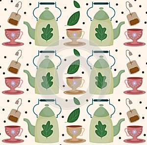 Tea time teapots teacups teabags beverage herbal leaves background