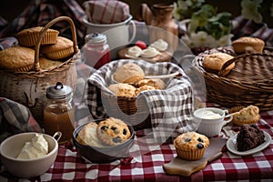 tea-time treats assortment, with homey scones and muffins on a checkered cloth