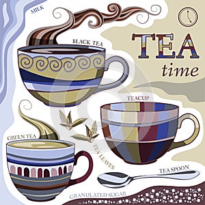 Tea time. Vector illustration with cups of aromatic tea