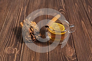 Tea in a transparent cup on the table