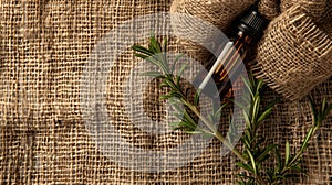 tea tree essential oil on burlap background. selective focus
