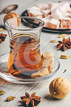 Tea with turkish delight Rahat Lokum and different spices