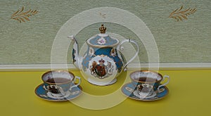 Tea for two, english teacups with saucers and teapot, fine bone china porcelain