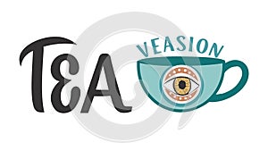 TEA VERSION Text with EyeShaped Tea Cup Logo, vector design Generative AI