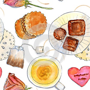 Tea watercolor seamless pattern with tea and sweets