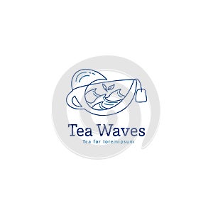 Tea Waves logo tea cup with sea waves illustration icon symbol line art style