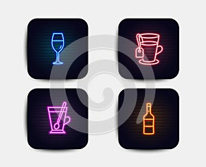Tea, Wineglass and Tea mug icons. Wine sign. Glass mug, Burgundy glass, Cup with teaspoon. Merlot bottle. Vector