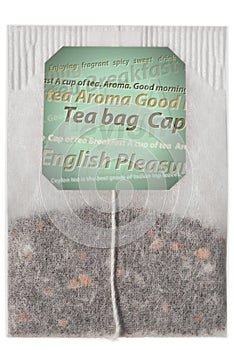 Teabag of close-up on a white isolated background and ready free space copyspace on the label