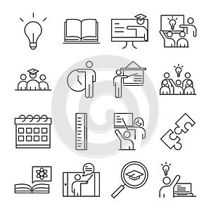 Teach school education learn knowledge and training icons set line style icon