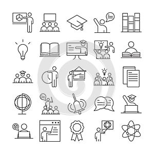 Teach school education learn knowledge and training icons set line style icon photo