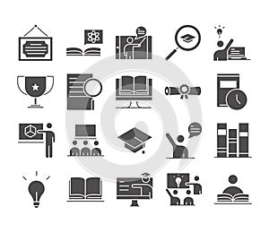 Teach school education learn knowledge and training icons set silhouette style icon