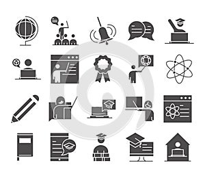 Teach school education learn knowledge and training icons set silhouette style icon