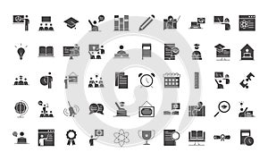 Teach school education learn knowledge and training icons set silhouette style icon