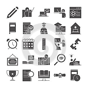 Teach school education learn knowledge and training icons set silhouette style icon