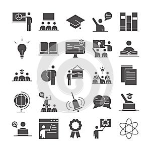 Teach school education learn knowledge and training icons set silhouette style icon