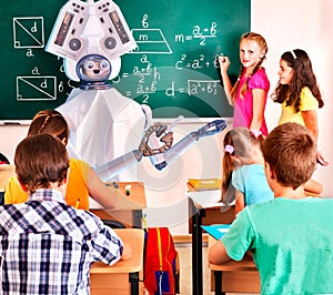 Teacher ai robot with school children in school class blackboard.