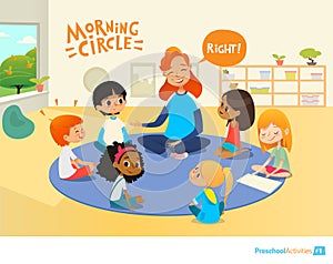 Teacher asks children questions and encourage them during morning lesson in preschool classroom. Circle-time. Pre