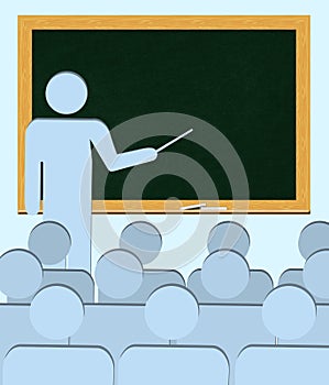 Teacher Behind Blank Blackboard Teaching Students (Copy Space)