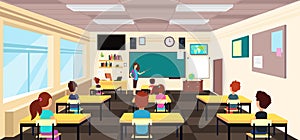 Teacher at blackboard and children at school desks in classroom. Cartoon vector illustration