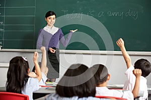 Teacher By Blackboard In Chinese School