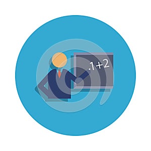 teacher at the blackboard colored in blue badge icon. Element of school icon for mobile concept and web apps. Detailed teacher at