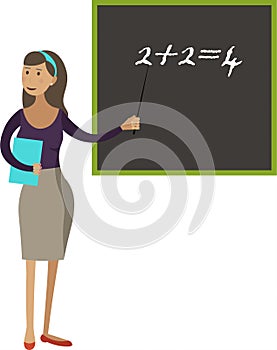 Teacher at blackboard teaching math vector icon isolated on white