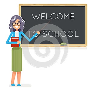 Teacher book female study pupil student class education lesson character icon classroom school board background vector