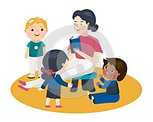 Teacher with book and little kids around. Flat design illustration. Vector