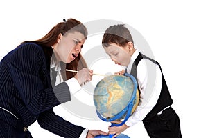 Teacher and boy with globe