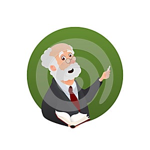 Teacher cartoon character in circle isolated vector icon. Professor with open book and chalk in his hands education illustration