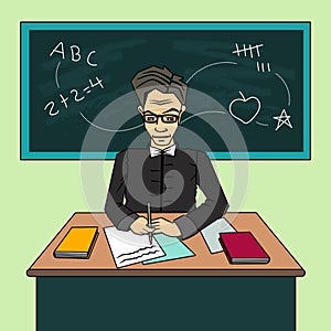 Teacher Cartoon Character, sitting at the desk in the classroom