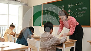 Teacher checking cute student homework while explaining idea at class. Pedagogy.