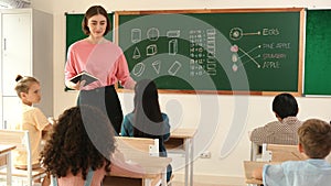 Teacher checking cute student homework while explaining idea at class. Pedagogy.