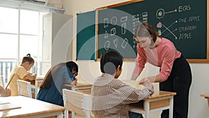 Teacher checking cute student homework while explaining idea at class. Pedagogy.