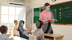 Teacher checking cute student homework while explaining idea at class. Pedagogy.