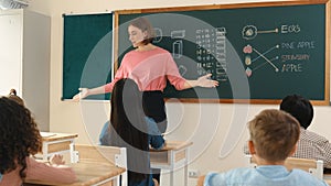 Teacher checking cute student homework while explaining idea at class. Pedagogy.