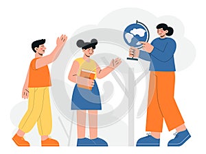 Teacher with children and globe learning geography. Flat vector minimalist illustration of education and knowledge