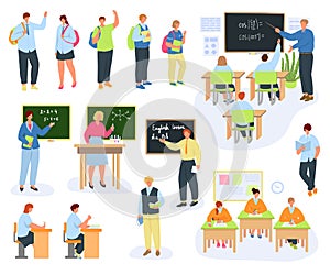 Teacher, children in school, education, lessons set of vector illustrations. Little students and man teaching. Classroom