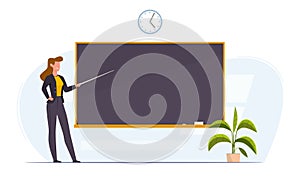 Teacher in classroom near chalkboard conduct lesson. Cartoon flat women with pointer teaching, young professor at