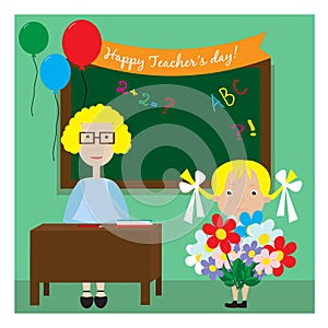 The teacher in the classroom standing near the blackboard and little girl gives flowers. Card for Teacher s day or