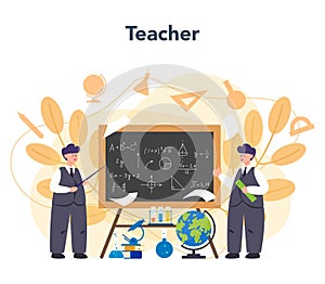 Teacher concept. Profesor standing in front of the blackboard photo