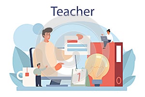 Teacher concept. Profesor standing in front of the blackboard. photo
