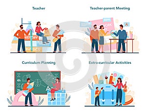 Teacher concept set. Profesor planning curriculum, meeting photo