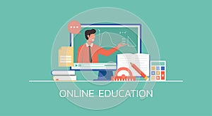 Teacher connecting online math lesson via video website platform on computer