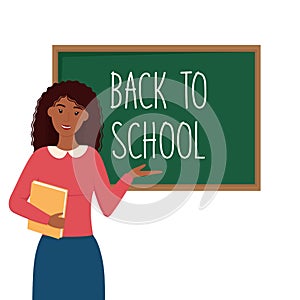 Teacher with dark tone skin near schoolboard. Back to school concept. Vector illustration