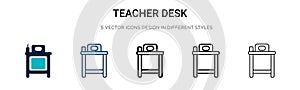 Teacher desk icon in filled, thin line, outline and stroke style. Vector illustration of two colored and black teacher desk vector