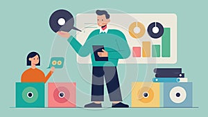The teacher discusses the history of vinyl records and their popularity before the advent of digital music. Vector photo