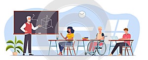 Teacher and diverse children learn in classroom, child with disability learns while sitting in wheelchair. Cartoon flat