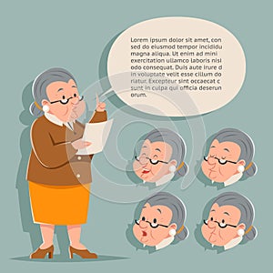 Teacher Emotion Old Female Granny Character Adult Icon Constructor Set Isolated